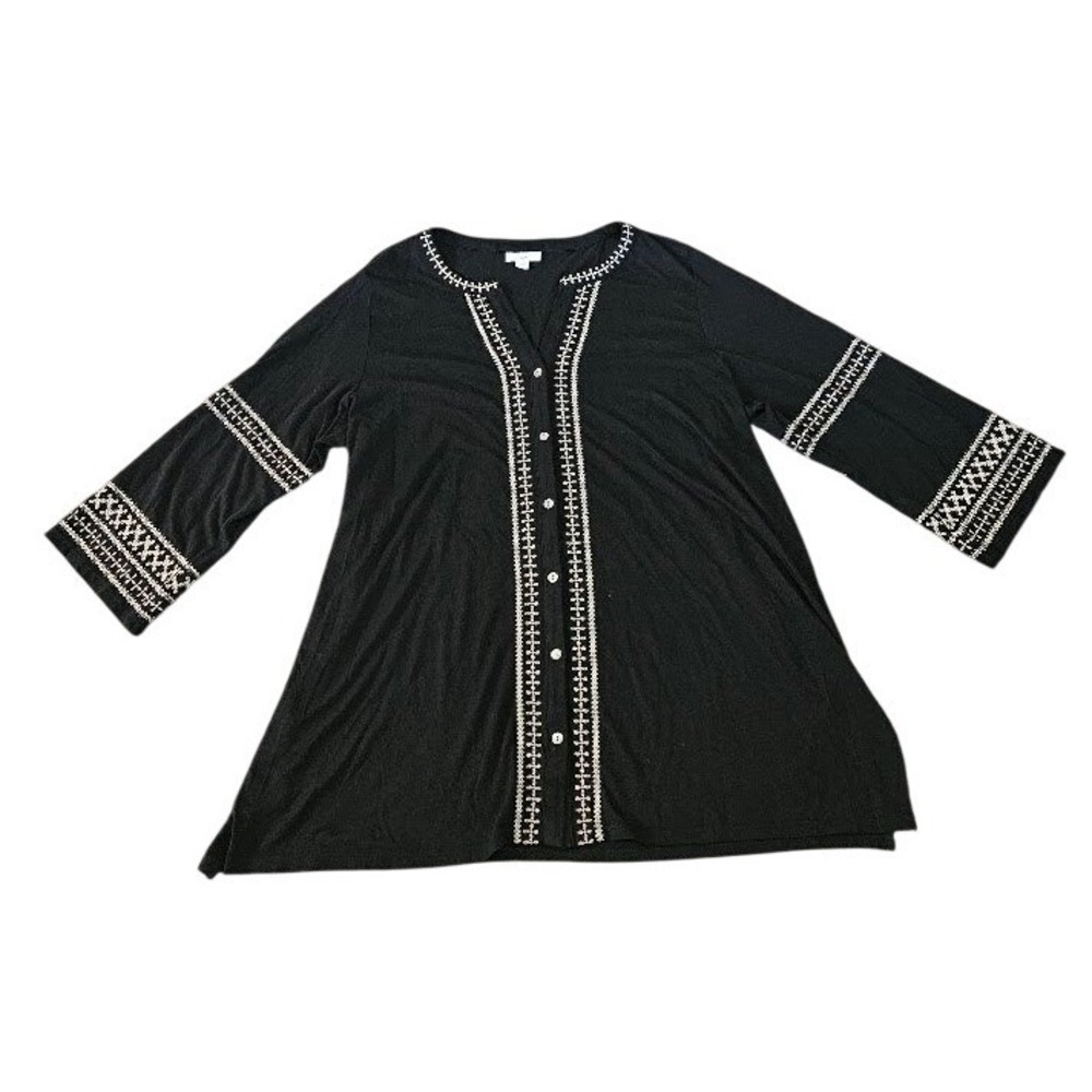 J. Jill Black Embroidered Button Front Tunic Top Cotton Tencel Modal Large